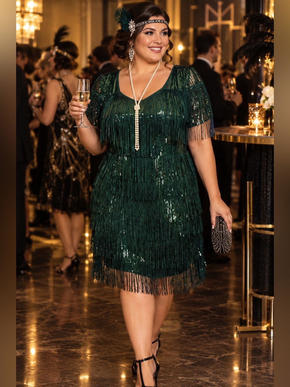 Plus-Size Emerald Green V-Neck Sequin Fringe Party Dress